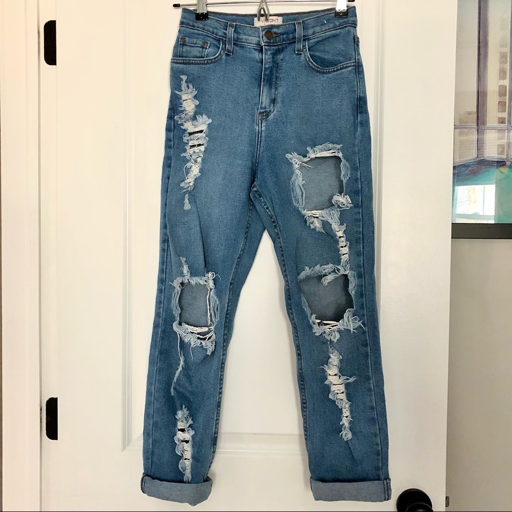 High Waist Distressed Straight Leg Jeans